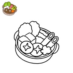 A detailed line art illustration of a traditional Japanese nabe hot pot with vegetables and tofu, perfect as a printable coloring page