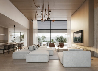 Luxury living room with panoramic windows, neutral furniture, and minimalist interior design.