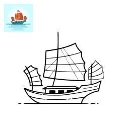 Line art illustration of a traditional Chinese junk boat with sails. An iconic Asian sailing vessel outline, perfect for a coloring book page or travel icon