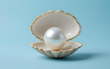 A minimalist photograph of a large, shiny white pearl resting inside an open seashell on a light blue background. 