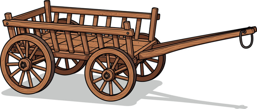 Wooden Cart with Four Wheels and Pull Handle Displayed on White Background