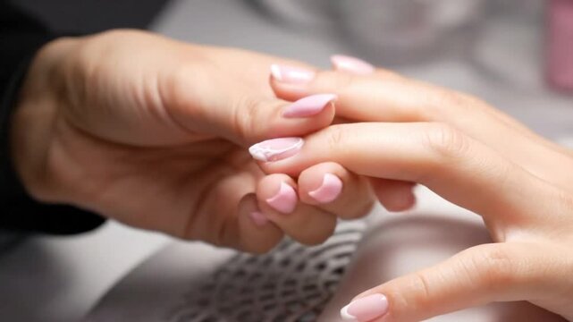 Professional manicurist carefully decorating a client's pink nail with a white pattern