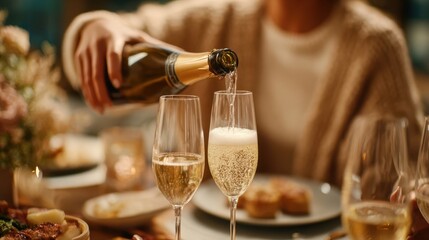 Elegant woman pouring sparkling wine into glass at festive dinner table, surrounded by gourmet food and soft candlelight, creating a warm celebratory atmosphere