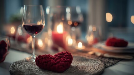 Romantic dinner setting featuring a red heart-shaped decoration, wine glass, and candles creating a warm ambiance for a special occasion or celebration of love and intimacy