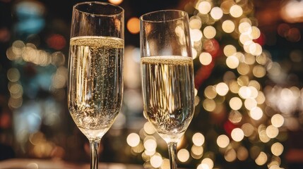 Two elegant champagne flutes filled with sparkling beverage, set against a festive background of soft glowing lights, creating a celebratory atmosphere for special occasions