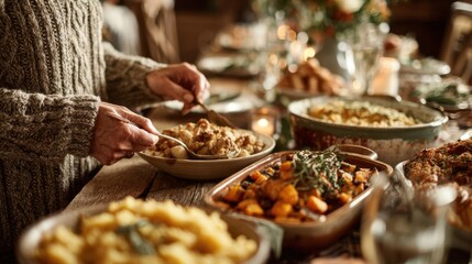 Hands of a person in a cozy sweater serving delicious homemade food from a beautifully arranged table filled with various dishes, showcasing a warm gathering atmosphere