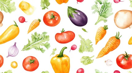 A vibrant watercolor illustration showcasing an array of fresh vegetables, including tomatoes, carrots, and leafy greens, arranged on a white background.