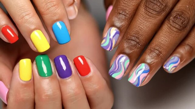 A vibrant display of manicured nails featuring solid primary colors and psychedelic wavy patterns