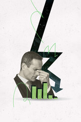 Pop art image poster 3d banner collage of upset businessman stand arrow decline chart regress...