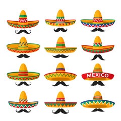 Set of vibrant Mexican hats with various patterns, each displayed above a classic black mustache in a clean vector style.