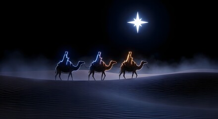 Christmas: three wise men on camels following a bright star in the night desert landscape illustration