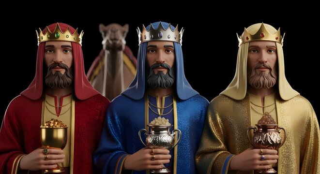 Christmas: three wise men with crowns and gifts standing with a camel in the background on a black background