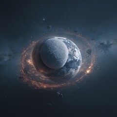 Cinematic Depiction of Fictional Moon Impacting Earth-like Planet with Glowing Debris Ring in Outer Space