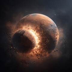 Fictional Red Planet Collision with Intense Core Explosion and Scattered Debris in Outer Space