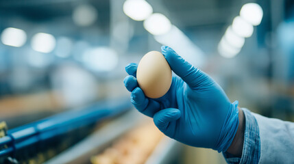 A gloved hand holding an egg. a quality inspection on a modern production line inside an industrial egg processing facility.