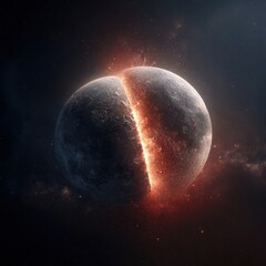 Fictional Cracked Planet Splitting in Half with Fiery Fissure and Glowing Debris in Deep Space