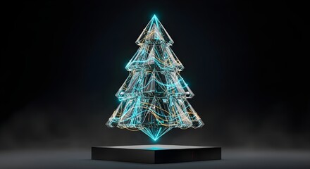 Futuristic Holiday Tree Built from Transparent Crystal Prisms Floating in Geometric Formation, Glowing Turquoise and Gold Light Streams