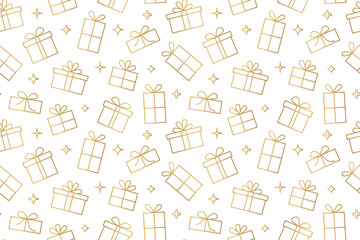 christmas golden seamless pattern with gift outlines, great for wrapping, textile, wallpaper, greeting card- vector illustration