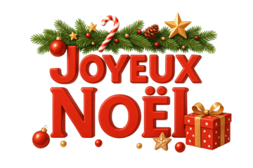 Red “Joyeux Noël” text under garland with ornaments. Classic greeting.