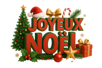 “Joyeux Noël” with Christmas tree, Santa hat, and gifts. Festive mood.