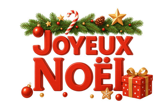 Red “Joyeux Noël” text under garland with ornaments. Classic greeting.