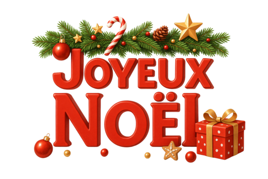 Red “Joyeux Noël” text under garland with ornaments. Classic greeting. - Powered by Adobe
