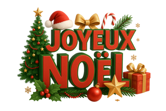 “Joyeux Noël” with Christmas tree, Santa hat, and gifts. Festive mood. - Powered by Adobe