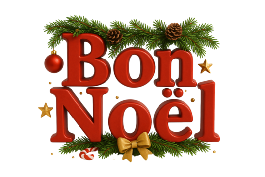 “Bon Noël” with pine branch and golden stars. Warm holiday wishes.