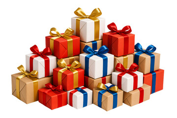 Obraz premium Stack of Christmas gifts with red and gold ribbons. Holiday anticipation.