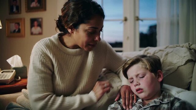 Caring mother calls family doctor or pediatrician when her child falls ill. Worried woman sitting by sick son, feeling his forehead, touching skin on his face, calling doctor and telling about fever