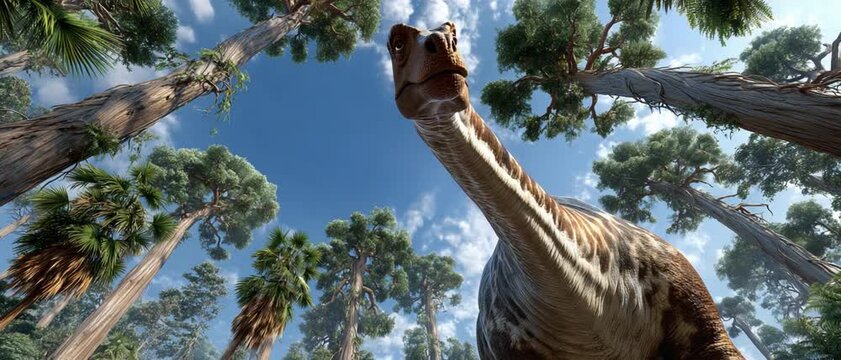 Dinosaur Under Sky: A majestic dinosaur soars through the canopy, its long neck reaching toward the bright blue sky above the lush green trees, creating a scene of wonder and natural history.