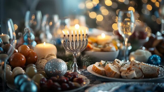 A serene and festive Jewish holiday scene with a beautifully set table and candle-lit menorah. Hanukkah