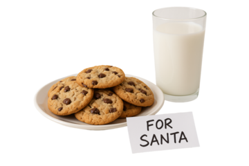 Milk and cookies for Santa on a plate. Classic Christmas tradition.
