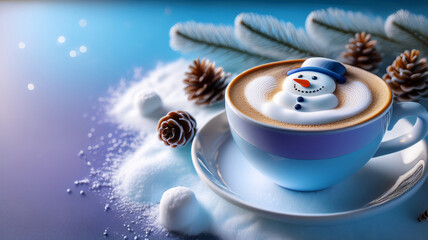 A cup of coffee Latte with snowman- themed latte art surrounded by snow, pine cone and pine branches creating cozy winter background. Concept for holiday Christmas and New Year drinks. Generated image