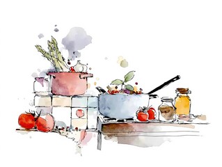 watercolor in sketch style, cooking poster of making seasonal food