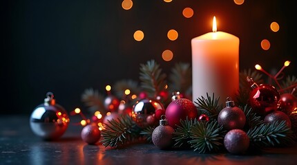 Red Candle with Christmas Ornaments and Snow in Festive Holiday Glow
