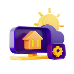 Vibrant illustration showcases computer monitor displaying house icon, symbolizing cloud computing. sun shines brightly, enhancing theme