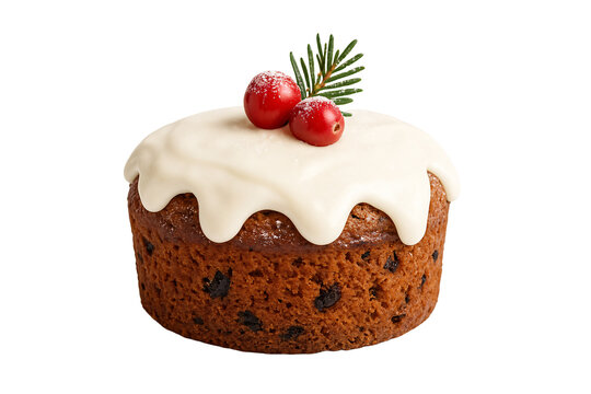 Mini cake with white icing and berries. Sweet Christmas symbol.