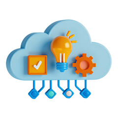 Innovative cloud computing concept featuring light bulb, gear, and checkmark symbolizing quantum computing advancements