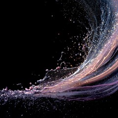 Dynamic glitter splash with vibrant liquid creating abstract wave movement against darkness. Artistic fluid motion for cosmetic products or celebration design.