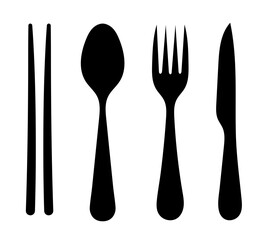 Dining utensil silhouettes vector set, chopsticks, spoon, fork, knife graphic illustration