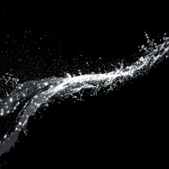 Water splashes with glittering droplets on a dark background. Dynamic liquid flow with shiny particles for energy and refreshment concept.