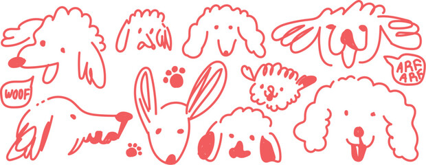 Cute cartoon doodle animals and paw prints in red outline Scribble chalk or charcoal style dogs set. Hand drawn puppy sketches, creative outline funny whimsical grunge charcoal art for t shirt print