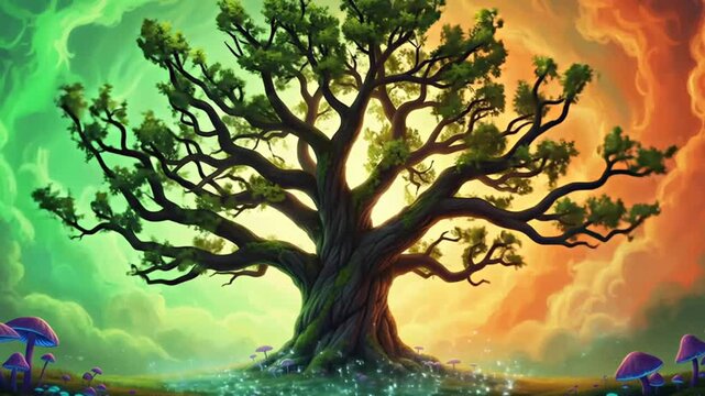 A seed growing into a full grown tree in the style of a whimsical background.