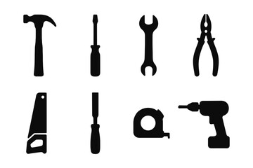 Obraz premium Silhouette icons of essential hand tools for construction and diy projects