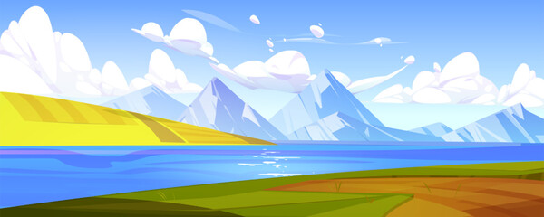 Nature landscape with mountains and lake. Blue Mountain Lake Landscape | Peaceful Nature Scenery Vector Illustration