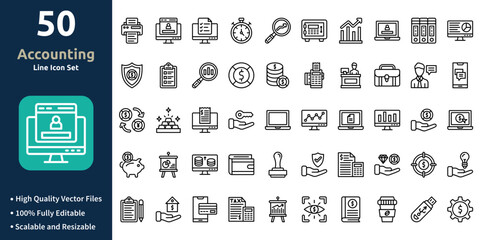 Accounting icon set in Outline style. Minimilist and trendy Icon set. Containing Icons,Printer,Web login,To do list,Stop watch,Search graph,and so on.