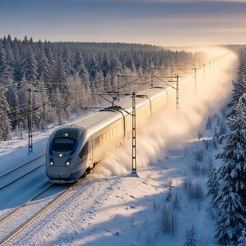 High-Speed Train Journey Through a Snowy Winter Wonderland at Sunrise.