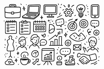Hand-drawn Doodle Vector Set of Business and Productivity Elements, Illustrated in a Modern Sketch Style with Clean Black Outlines, Isolated on White Background
