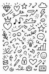 Hand-drawn Doodle Vector Collection Featuring a Wide Variety of Expressive Elements, Designed in a Playful Sketch Style with Clean Black Outlines, Isolated on White Background
